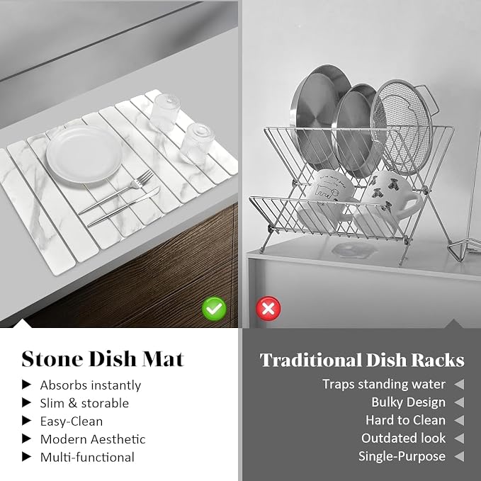 Large Stone Dish Drying Mats for Kitchen Counter, Quick Dry Dish Drying Mats, Foldable Absorbent Diatomaceous Earth Mats for Dishes Cups, Match Any Countertop (24"×16" & 8"x4" White Marble )