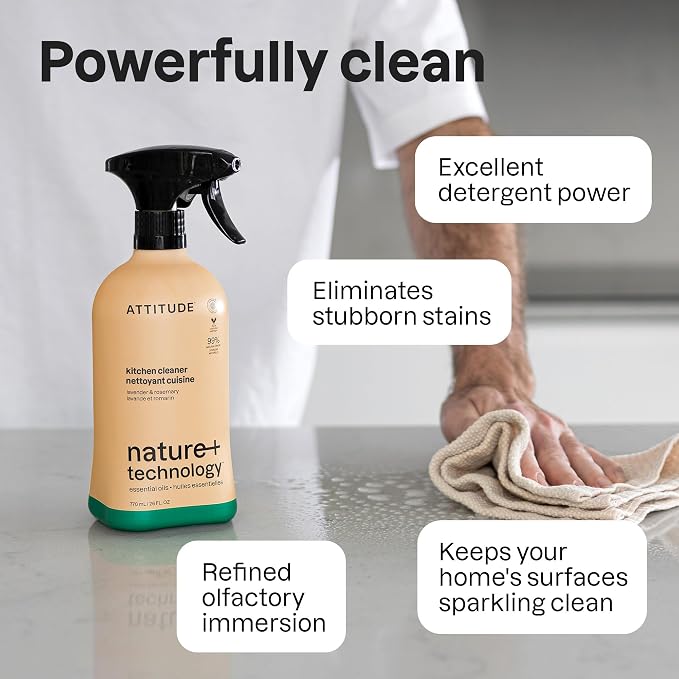 ATTITUDE Kitchen Cleaner Spray, EWG Verified, Degreaser Spray to Cut Grease & Grime, Plant-Based & Vegan, Lavender & Rosemary, 26 Fl Oz