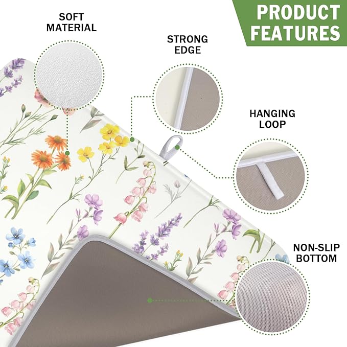 Spring Summer Colorful Floral Dish Drying Mat 16x18 Inch | Wildflower，Polyester，Absorbent Microfiber，for Kitchen Coffee Dining Bar Decor