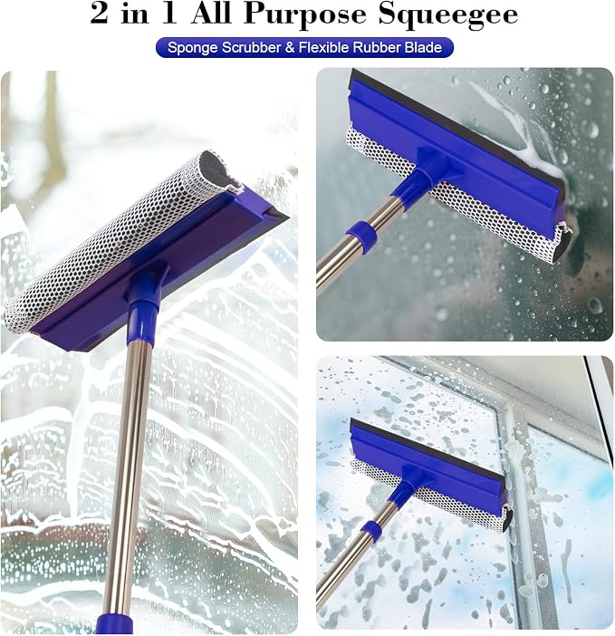2-in-1 Window Squeegee&Car Squeegee with 15.7"-27.5" Retractable Stainless Steel Handle, Windshield Cleaner Tool for Cars, Trucks, Glass Doors, Shower Glass, Outdoor Windows