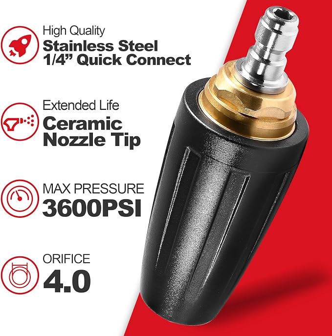 YAMATIC Pressure Washer Turbo Nozzle Tips, 3600 PSI 4.0 GPM | 1/4" Stainless Steel Quick Connector, 360° Rotating, Easy to Install, Compatible with Ryobi, Greenworks, Craftsman, Troybilt