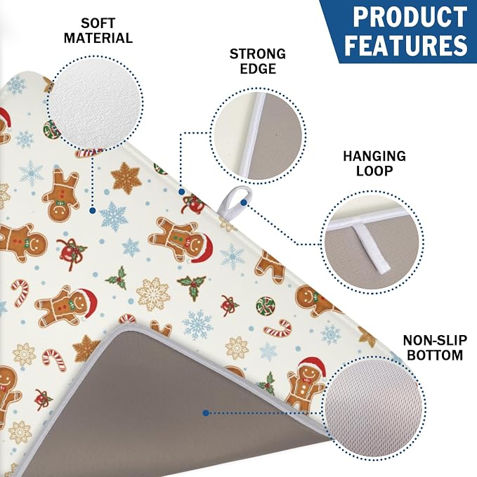 Christmas Gingerbread Man Dish Drying Mat 18x24 Inch Xmas Snowflake | Winter，Polyester，Absorbent Microfiber，for Kitchen Coffee Dining Bar Decor