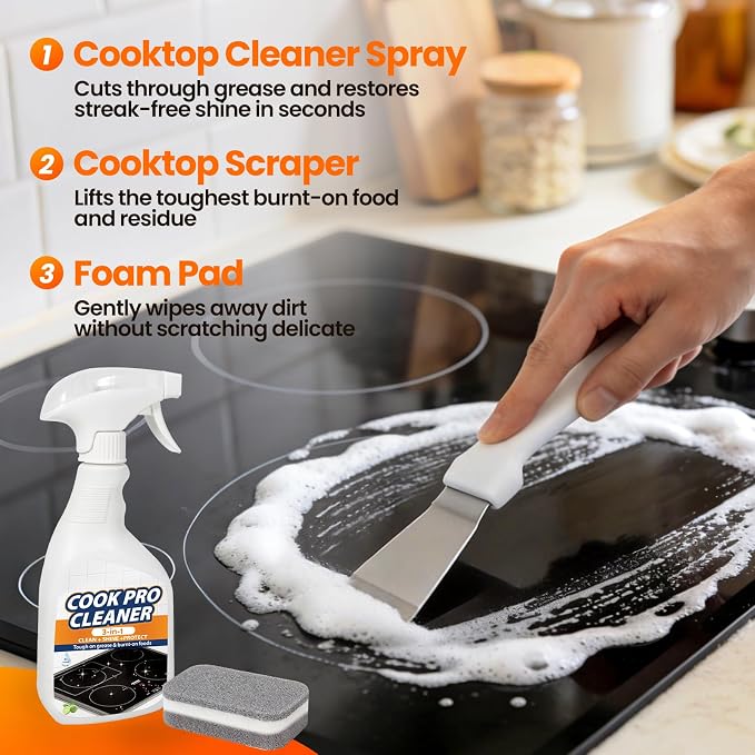 3-in-1 Stove Top and Oven Cleaner Kit - Glass Cooktop Cleaner for Ceramic Electric Gas & Induction Stoves - Includes Heavy Duty Scraper and Double-Sided Sponges for Burnt-on Grease, Oil & Grime