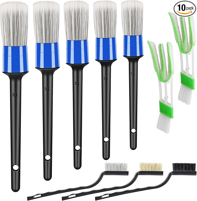HMPLL 10pcs Car Detailing Kit, Premium Detailing Brush Set | Includes 5 Soft Car Detailing Brushes, 3 Wire Brush, 2 Air Vent Brush for Cleaning Car Interior and Exterior Detailing, Blue