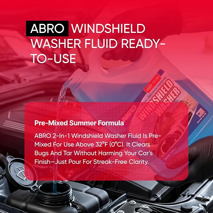 ABRO Windshield Washer Fluid Ready to Use Formula - 1 Gallon, Pre-Mixed, Streak-Free Cleanliness, 2-In-1 Removes Bugs & Tar