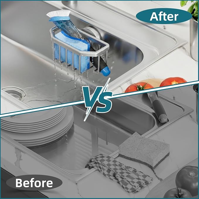 TAILI Sink Caddy with Strong Suction Cup, Sponge Holder for Kitchen Sink Organizer, Removable Sponge Caddy Inside Sink, Rustproof Aluminum Holder for Sponges, Brushes - Silver