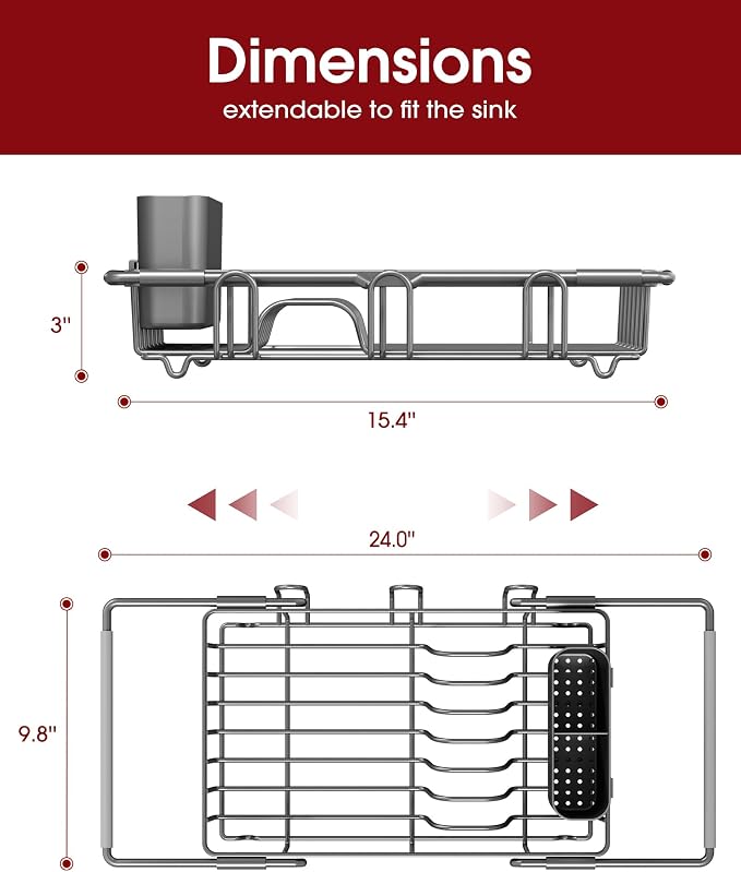 Sakugi Dish Drying Rack in Sink - Expandable Stainless Steel Dish Rack Over the Sink, Kitchen Sink Drain Strainer with Cutlery Holder & Cup Holders, 15.4 x 9.8 x 3.0 Inch, Grey