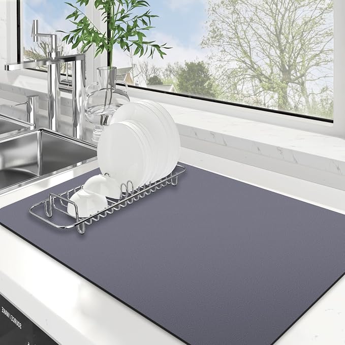 WISELIFE Dish Drying Mat Super Absorbent Drying Mat Large Dish Drying Mats for Kitchen Counter Easy Clean Dish Mat Kitchen Drying Mat16"x 24" Classic Grey