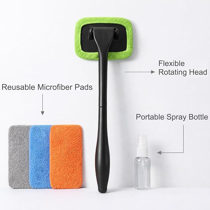 Car Windshield Cleaner Tool, Inside Windshield Cleaning Tool | with 4 Washable and Reusable Microfiber Pads, Auto Wiper Inside Compact Windshield Brush for Car & Home Windows