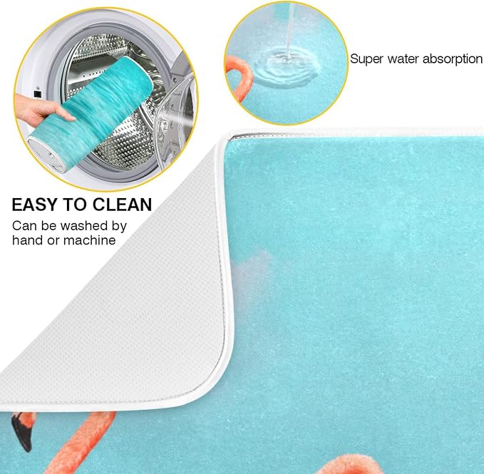 Absorbent Dish Drying Mat for Kitchen Counter - Blue Beach Flamingos Microfiber Drying Pad, Reversible Drainer Mats for Countertop, Lager 18 x 24 inch