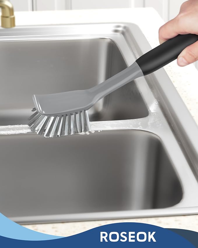 ROSEOK Dish Brush, Dish Scrubber, Nylon Bristles with Built-in Scraper | For Cleaning Dishes, Pots, Non-Stick Pans and Sinks, Black, 2 Pack