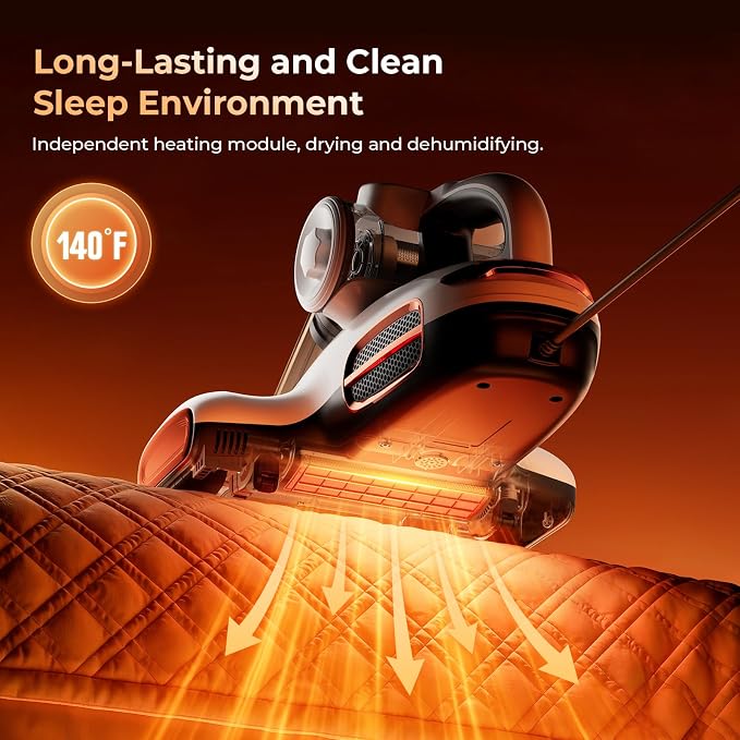 JIGOO T600 Mattress Vacuum Cleaner with UV-C Light, 15Kpa Suction 700W Powerful Double-Cup Handheld Vacuums, Bed Cleaner with Smart Dust Sensor, Ultrasonic, Heating Tech, MIF Filter