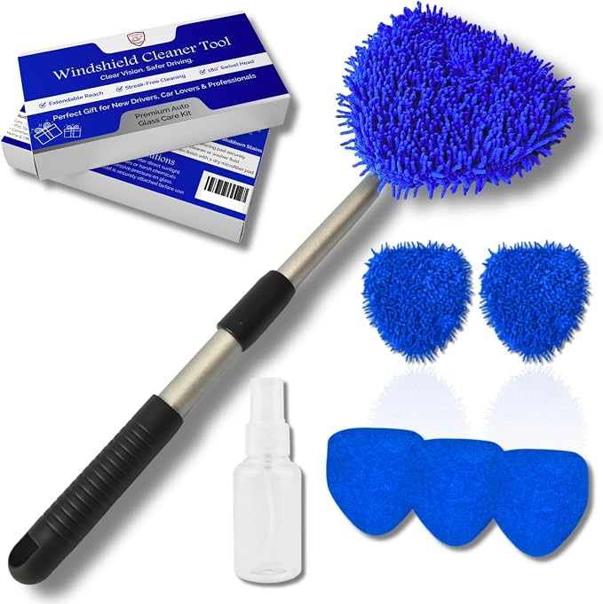 Windshield Cleaner Tool for Inside Car Windows with 6 Microfiber Pads Power Blade Glass Cleaning Kit, Magnetic Reach Handle for Auto Interior, Streak Free Window Supplies