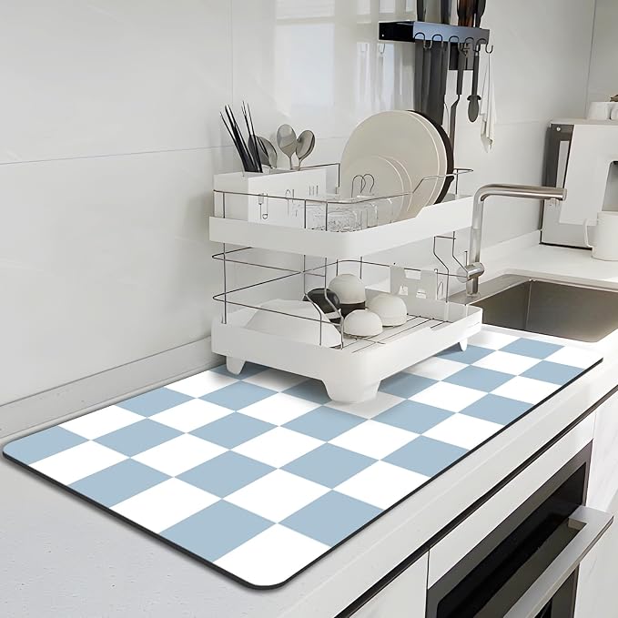 Dish Drying Mat for Kitchen, 16'' x 24'' Checkered Coffee Bar Mat for Countertops, Coffee Station Mat with Non-slip Rubber Backed, Absorbent Dish Dying Pat for Kitchen Counter, Blue & White