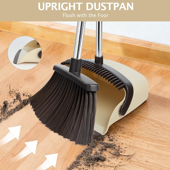 2-Pack Broom and Dustpan Combo Set,51" Long Handle,Beige | Standing Dustpan, Heavy Dust,House Accessories for Home, Kitchen, Office, Pet Hair