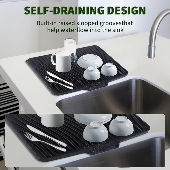 Silicone Dish Drying Mat 16x13,Food-Grade Silicone,Easy Clean Pad for Countertop Protection,Heat Resistant,Easy Clean,Non-Slip Drain Pad with Built-in Drain,Multi-Functional Use,Black