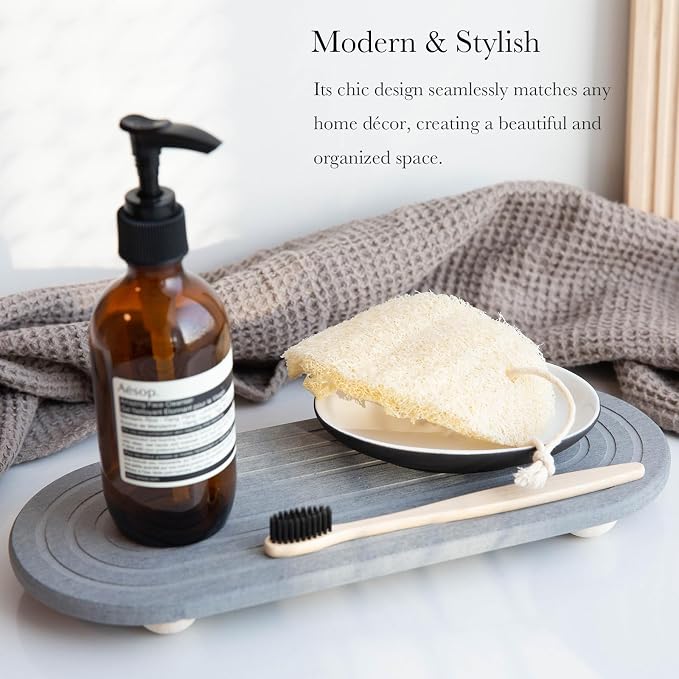 Instant Dry Sink Caddy Organizer – Water Absorbing Stone Tray for Kitchen Bathroom Countertop, Fast Drying Sink Caddy (with Wooden Feet and Natural Loofah, Gray)