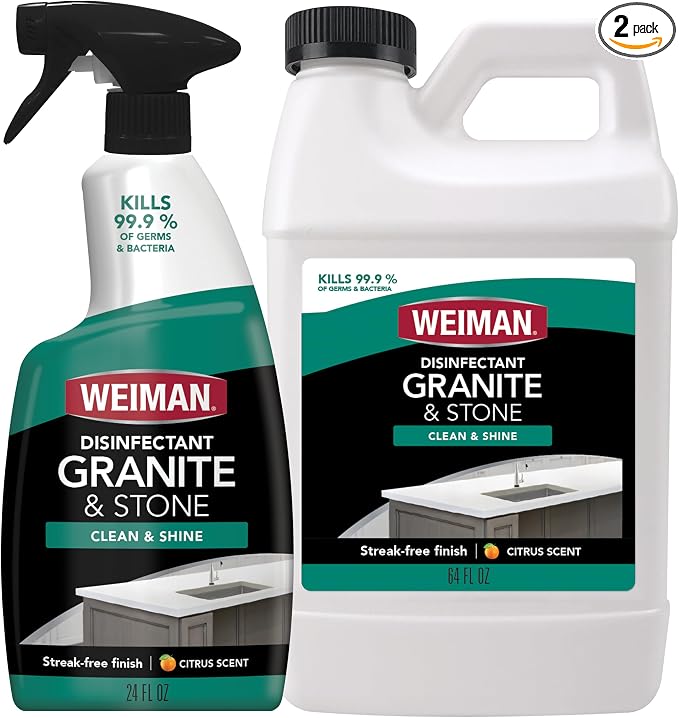 Weiman Disinfecting Granite Cleaner & Polish Value Pack - (1) 24 oz Spray Bottle, (1) 64 oz Refill