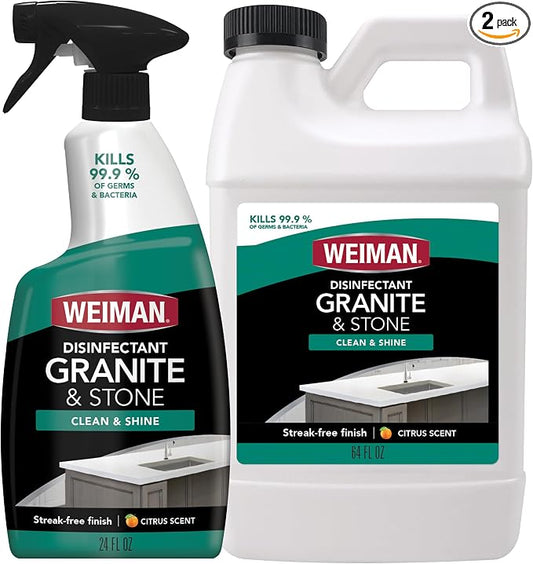 Weiman Disinfecting Granite Cleaner & Polish Value Pack - (1) 24 oz Spray Bottle, (1) 64 oz Refill