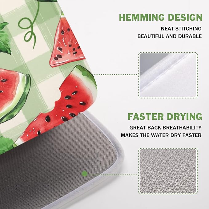 Summer Dish Drying Mat for Kitchen Counter Watercolor Watermelon Green Buffalo Plaid Microfiber Dish Drainer Mat Rustic Absorbent Washable Drying Pad 16"x18"