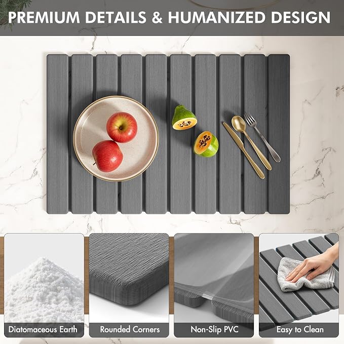 4 Pcs Stone Dish Drying Mat for Kitchen Counter, 24''x16'' Super Absorbent Diatomaceous Earth Stone Drying Mat Faucet Mat with 2 Coasters, Quick Dry Mat for Kitchen Counter Dishes Cups