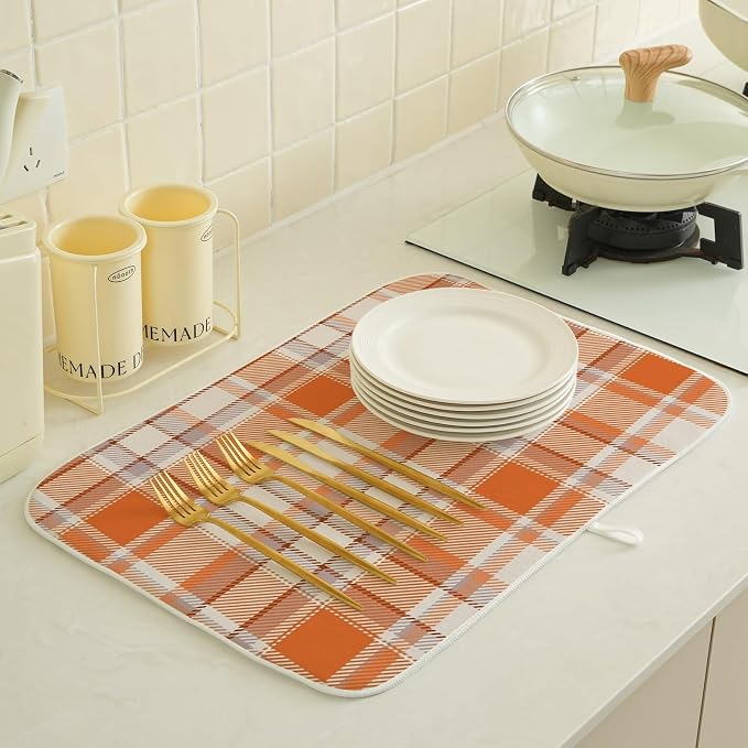 Fall Checkered Dish Drying Mats 18x24 Inch Autumn Burnt Orange Grey Buffalo Plaid Drying Mats Holiday Thanksgiving Dish Drying Pad Dish Rack Drainer Mats for Kitchen Dining Room Counter Decor