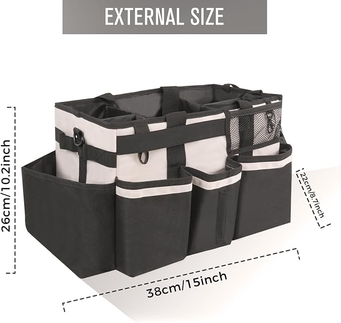 SCAVATA Wearable Cleaning Caddy, Cleaning Caddy Supplies Organizer with Handle & Shoulder Straps for Housekeepers, Under Sink & Car Cleaning Tool Organizers Bag with 4 Foldable Divider (Beige)