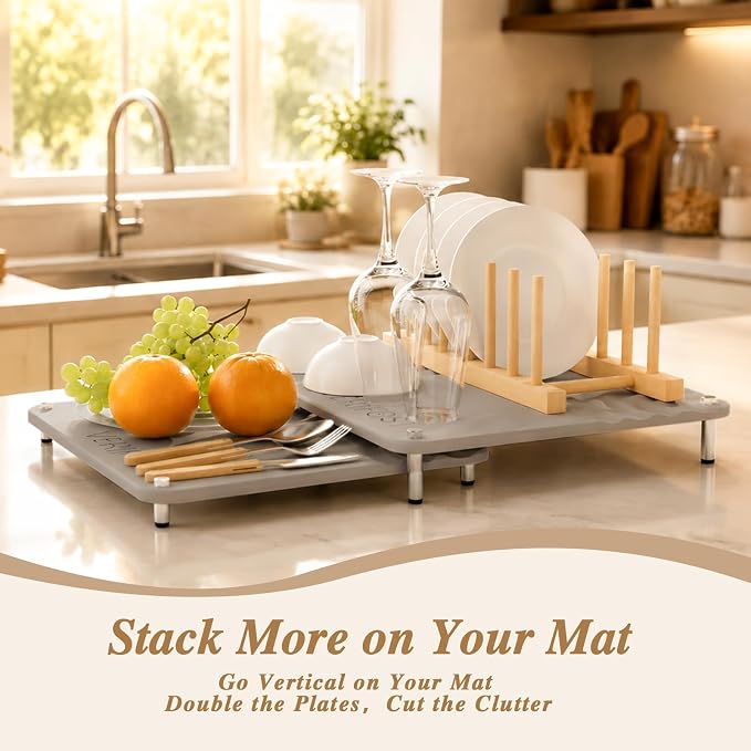 VERIFOST Nested Dish Drying Mat with Bamboo Rack for Dishes, 2Pcs Diatomaceous Earth Stone, Fast Stone Drying Mat for Kitchen Counter with Non-slip Feet, Moonlight Gray