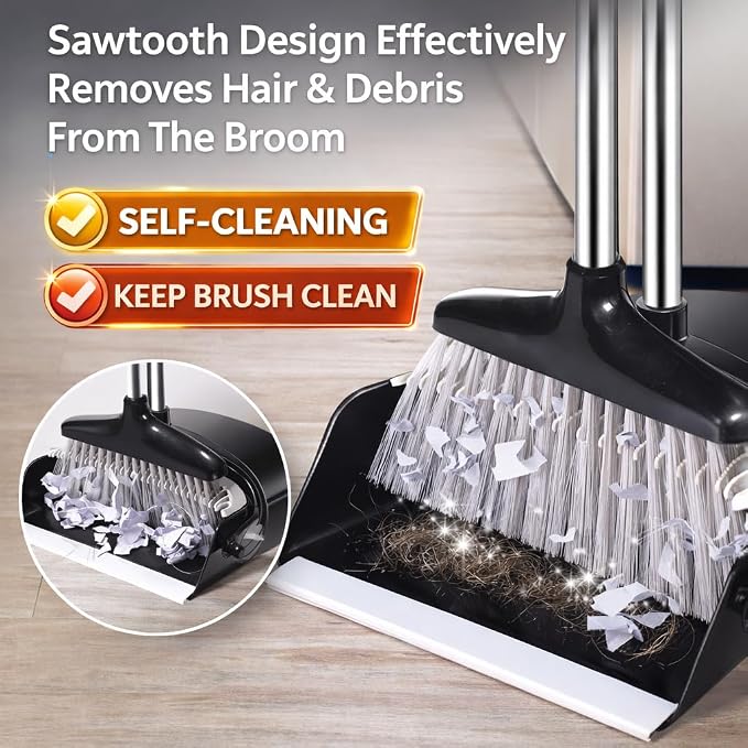 Broom and Dustpan Set with Long Handle and 6 Bonus Cleaning Tools, Upright Standing Combo with Self-Cleaning Teeth & Windproof Dustpan for Pet Hair, Home, Kitchen, Garage, Apartment