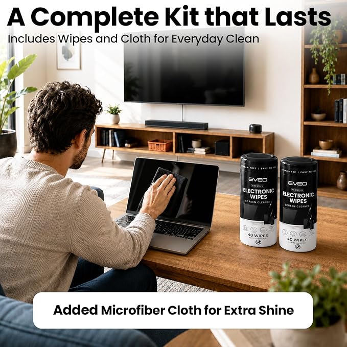Electronic Wipes Screen Cleaner Streak-Free [2 Pack x40] Computer Screen Wipes, TV Screen Cleaner Wipes, Monitor Wipes for Smart TV, Laptop, iPhone, ipad and more - [Microfiber Cloth + 80 Wipes]