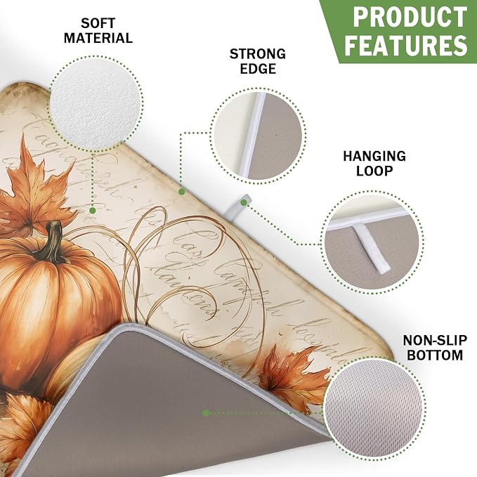 Fall Pumpkin Dish Drying Mat 16X18 Inch Vintage Autumn Drying Mat for Kitchen Counter Absorbent Maple Leaf Fall Thanksgiving Farmhouse Dishes Pad Drainer Mat Countertop Protector for Kitchen Fast Dry