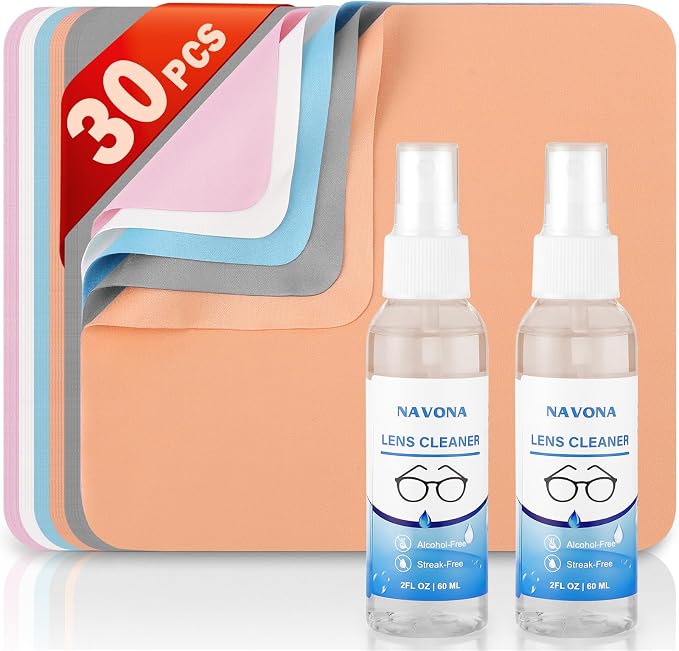 30 Pack Microfiber Glasses Cleaning Cloths with 2 Lens Cleaner Sprays | Premium Quality, Ultra-Soft, 5 Colors, Lint-Free & Streak-Free, Safe for Glasses, Sunglasses, Camera Lenses & Screens