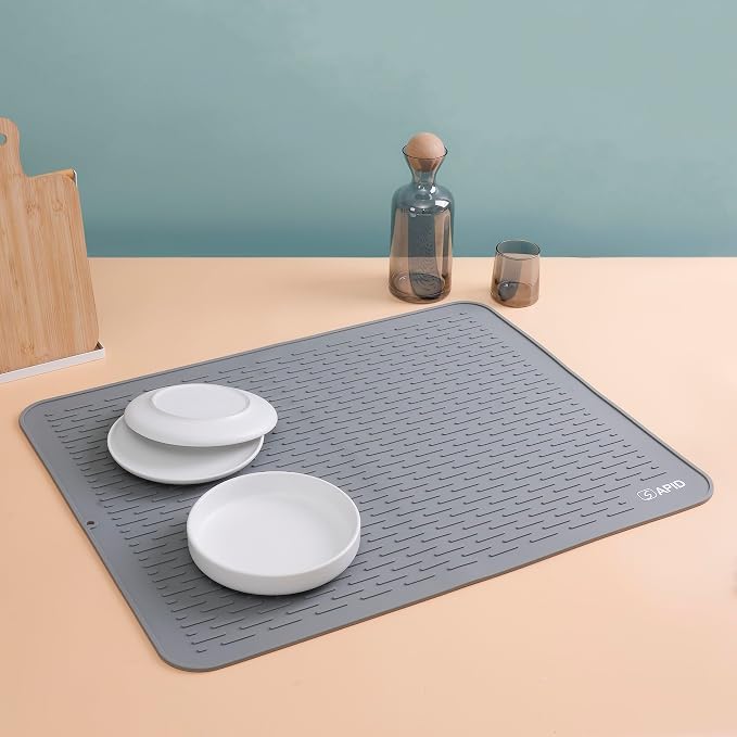 Extra Large 30 x 24 Inch Silicone Dish Drying Mat for Dish Drying Rack , Easy Clean Silicone Drying Mat for Kitchen Counter , Non-Slip Dish Drain Matt , Heat Resistant Silicon Dish Mat , Gray , SAPID