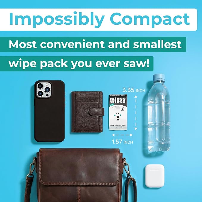 Impossibly Compact Travel Flushable Wipes - 99.5% Water and Aloe - Safe for Sensitive Skin - Travel Essentials for Adults & Kids, Mint, 8 Pack 48 Wipes
