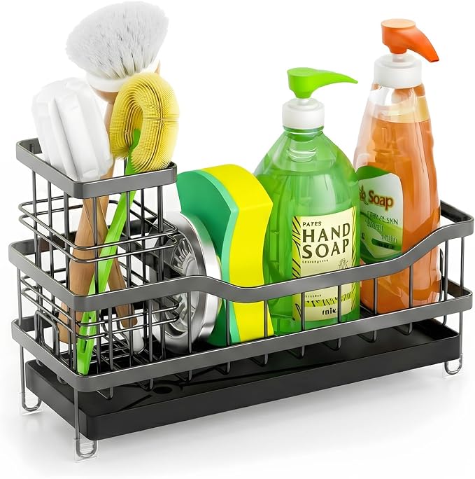 Sponge Holder for Kitchen Sink, Self-Draining Sink Caddy Organizer with Removable Brush Holder, Rustproof Metal Sponge Rack for Countertop, Fits Soap Dispenser & Scrubber, Black
