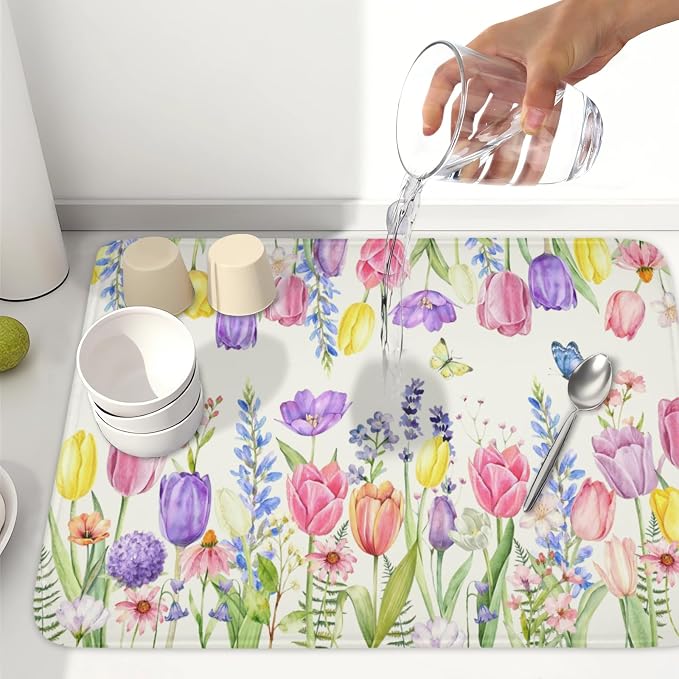 Spring Floral Dish Drying Mat for Kitchen Counter Easter Tulip Lavender Flower Microfiber Dish Drainer Mat Rustic Farmhouse Absorbent Washable Drying Pad Extra Large 18"x24"