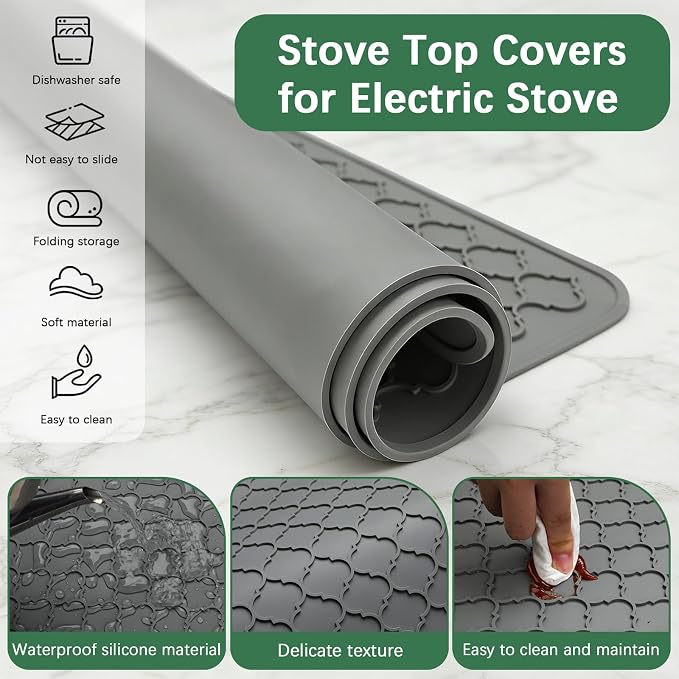 Stove Top Cover for Electric Stove - Food Grade Ceramic Stove top Cover, Silicone XXL Dish Drying Mat, Glass Cooktop Covers, Flat RV Range top Mats (Grey, 27.5"X20")