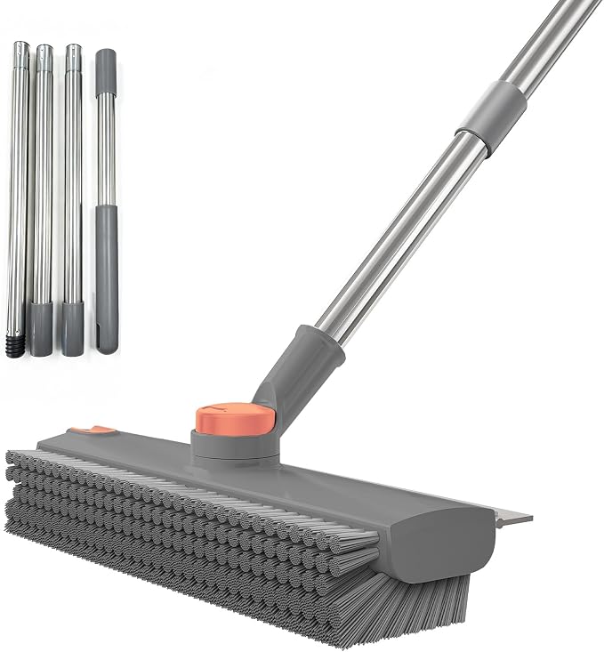 Floor Scrub Brush with Long Handle 3 in 1 Heavy Duty Stiff Bristle Scrubber Brush with Scraper V-Shaped Double-Sided Cleaning Brushes for Pool Tile, Grout,Crevices,Shower,Bathroom,Wall,Patio (Grey)