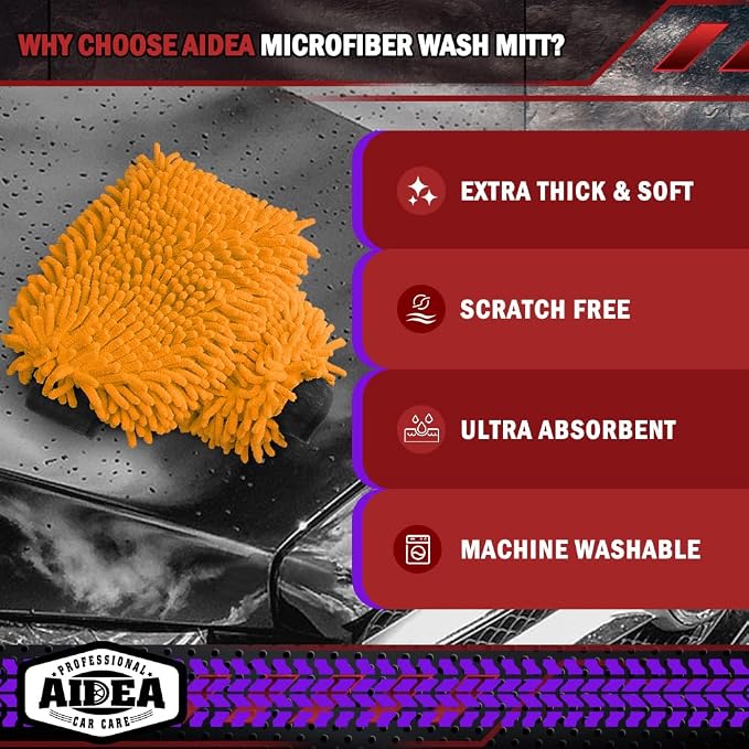 AIDEA Car Wash Mitt Microfiber, 2PK, Car Wash Brush, 7.12''X10.14'' | Scratch Free Lint-Free, Premium Chenille Microfiber Mitt, Cleaning Supplies, Regular Size, Orange