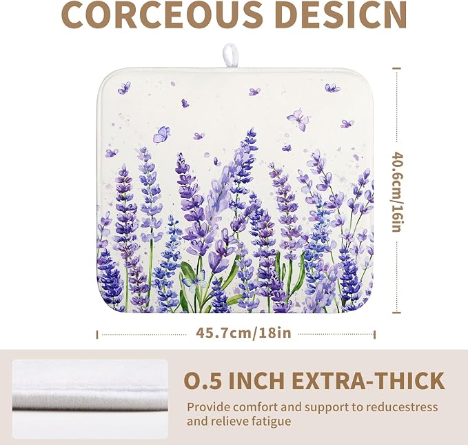 Purple Lavender Dish Drying Mat for Kitchen Counter Spring Summer Flower Floral Dishes Drainer Mats Absorbent Microfiber Dish Drying Pad Washable Dish Draining Mat Medium 16x18 Inch