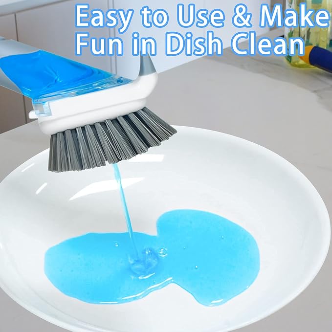 Dish Brush with Soap Dispenser & 3 Pack Dishwashing Sponge Refills Non Scratch, Dish Cleaning Scrubber Set with Handle for Household Usage Kitchen Sink Pot Pan Large Glass Cup - Grey