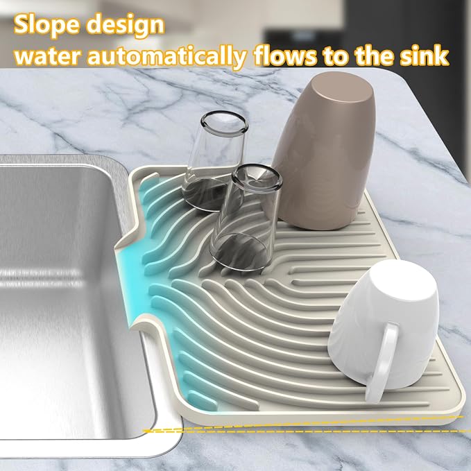 Kitchen Counter Dish Drying Mat, 14.6"x11" Dish Drying Rack(cream) | Various Sizes & Colors,Steep-Slope Built in Drain,High-fin Ventilation,Food-grade Silicone,500F heat resistant,for Flat sinks
