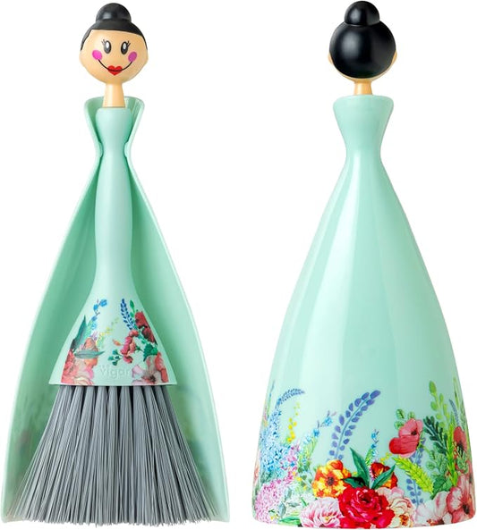 Vigar Mini Broom and Dustpan Set - Small Broom and Dustpan, Hand Broom for Desk, Kitchen, Car, Crumb Brush for Dust & Pet Hair, Decorative Doll Design, Portable Dust Pan Brush for Indoor - Turquoise