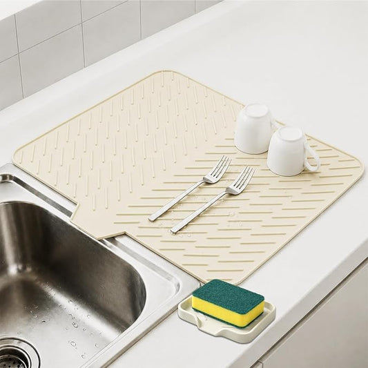 Large Silicone Dish Drying Mat – 23"x17" Sloped Sink Draining Tray with Sponge Holder for Kitchen Counter, Angled Surface for Water Drainage, Silicone Rack Mat with Drain Lip(Beige)