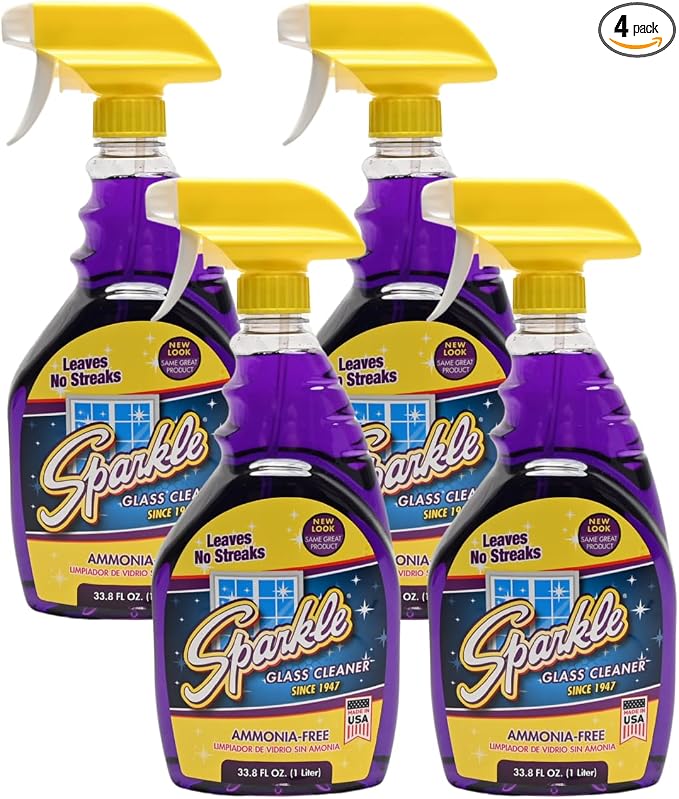 Sparkle Glass Cleaner, Ammonia-Free Streak-Free Formula, 33.8 fl oz Spray Bottle, Safe for Windows, Mirrors & Glass Surfaces (Pack of 4)