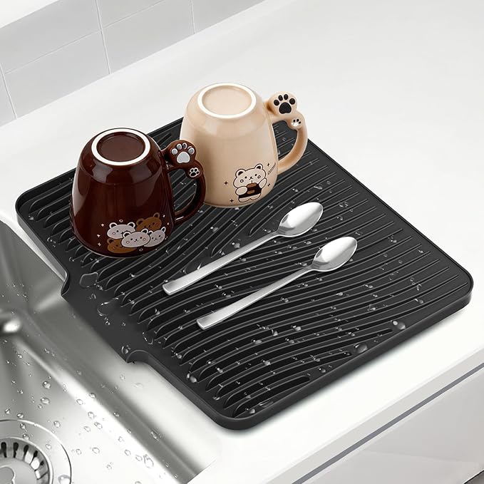 Silicone Dish Drying Mat for Kitchen counter, 15.8"x13" Extra Large Non-Slip Drain Pad with Built-in Drainage, Heat Resistant Dishwasher Safe, Black