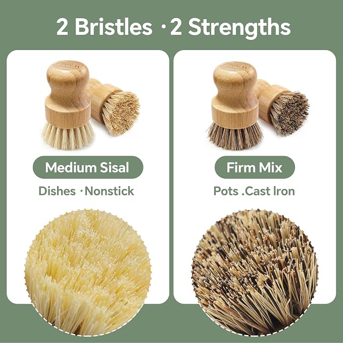 Bamboo Dish Brush Set, 4 Pack, Plastic-Free (2 Medium Sisal, 2 Firm Coconut Coir), Dish Scrubber & Vegetable Brush for Cast Iron, Nonstick