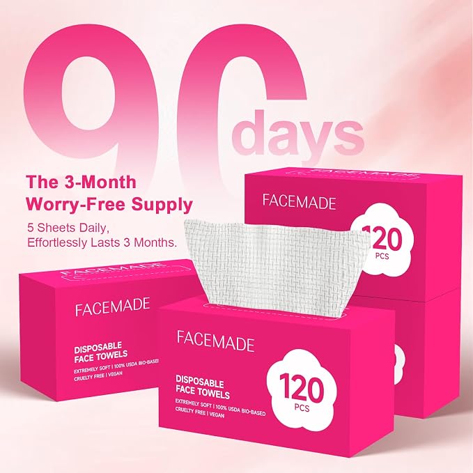 FACEMADE 480 Count (4 Packs) Face Towels Disposable | Mega Value Pack | Lint-free and Odor-free | Perfect for Remove, Cleanse and Dry