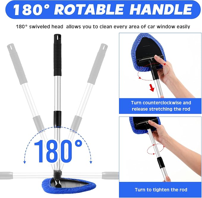 Potchen 8 Pcs Car Windshield Cleaner Tool Kit with Extendable Handle, Microfiber Towel Pads, Brush, Empty Spray Bottle for Auto Glass Wiper Suvs Rvs & Home Windows(Blue)