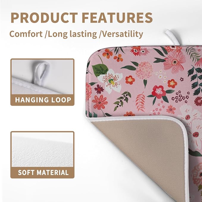 Pink Floral Dish Drying Mat for Kitchen Counter Cute Flower Print Dish Rack Mats Absorbent Microfiber Dish Draining Mat Reusable Washable Large Drainer Pad 16x18 Inch